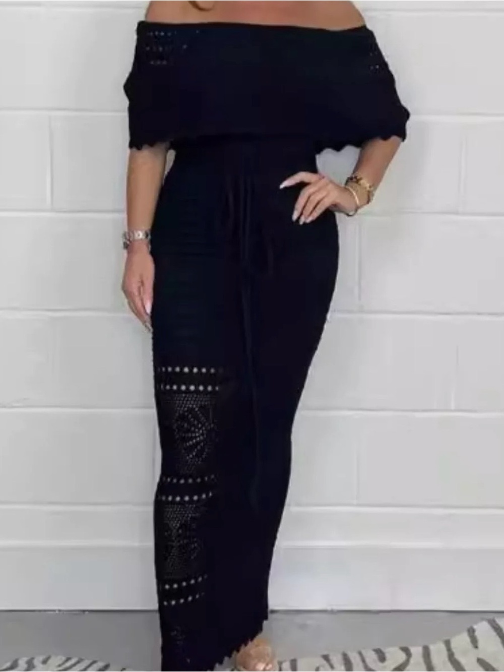 Off-Shoulder Black Crochet Maxi Dress